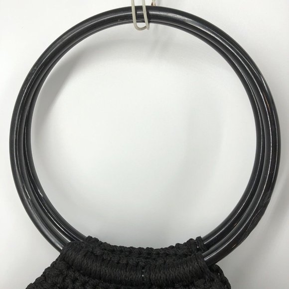 VTG 70s Black Macrame Purse Bag Round Handles Wood Beads Boho Handmade Retro - Picture 4 of 11
